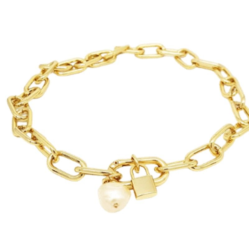 Colar Feminino em elos com pérola e cadeado Dourado Banhado a Ouro 18k Elegante Presente Feminino Dourado 2