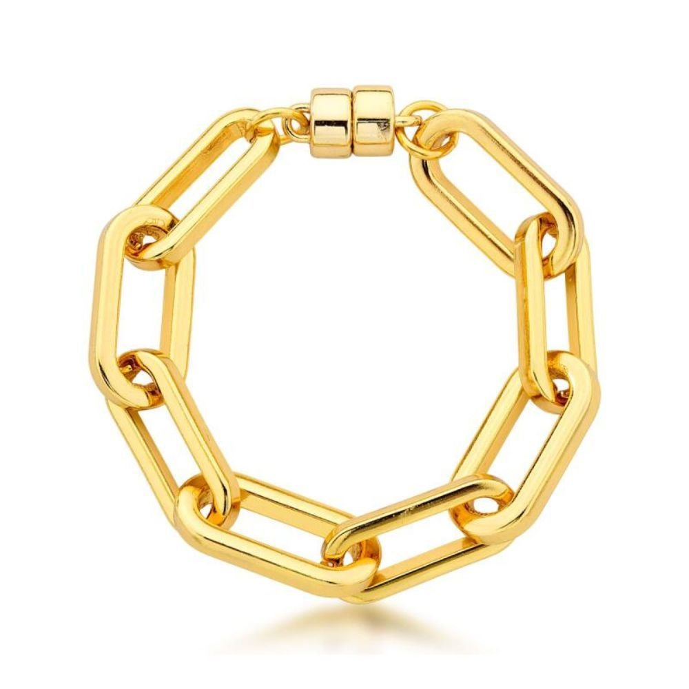 Pulseira Feminina de elos largos Dourado Banhado a Ouro 18k Elegante Presente Feminino