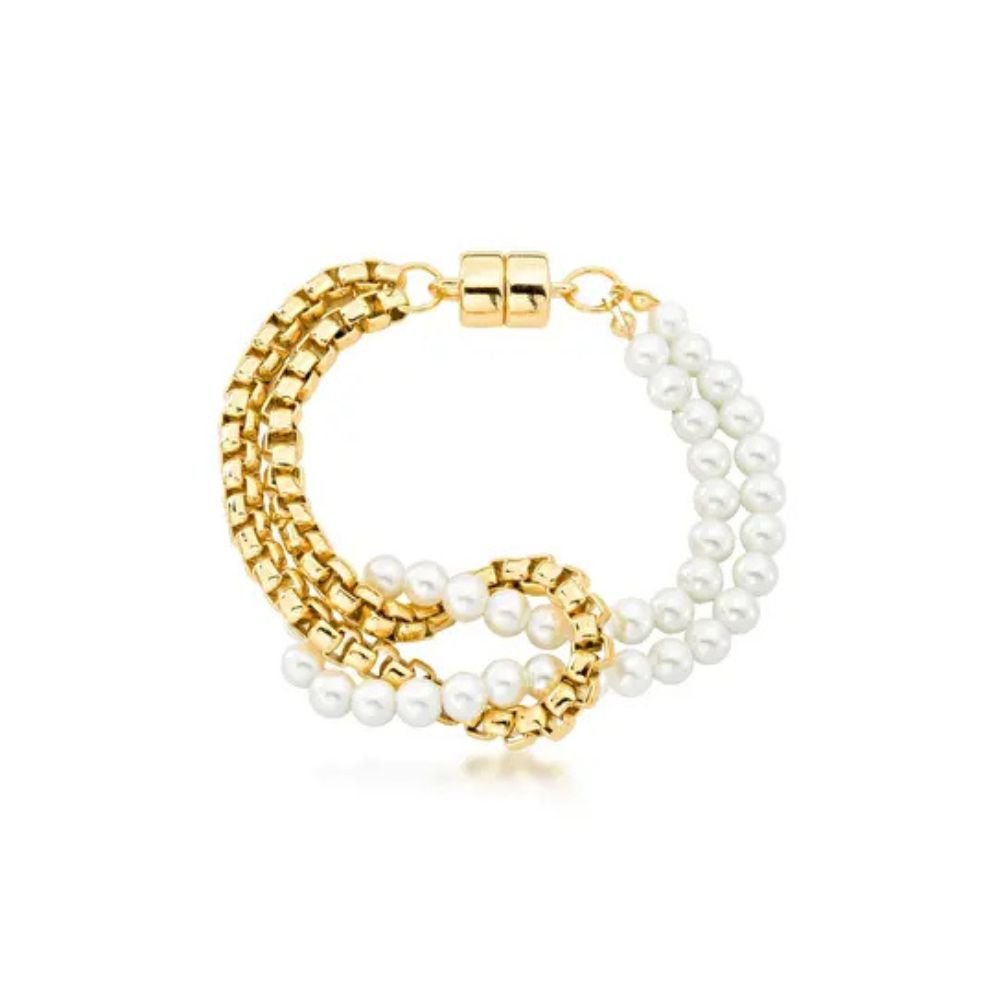 Pulseira Feminina corrente e pérola Dourado Banhado a Ouro 18k Elegante Presente Feminino