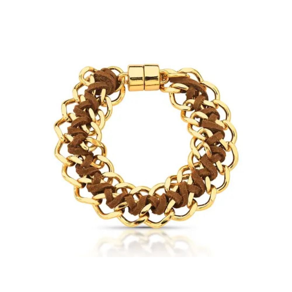 Pulseira Feminina trançada com camurça Dourado Banhado a Ouro 18k Elegante Presente Feminino