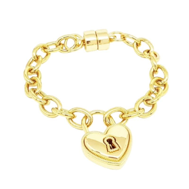 Pulseira Feminina de elos com coração Dourado Banhado a Ouro 18k Elegante Presente Feminino