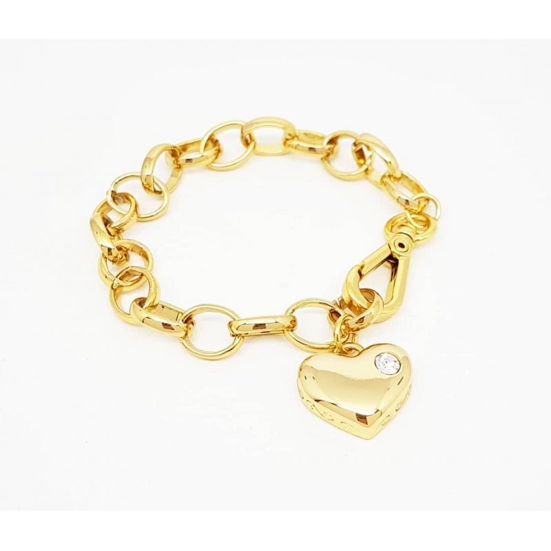 Pulseira Feminina de elos com pingente de coração Dourado Banhado a Ouro 18k Elegante Presente Feminino