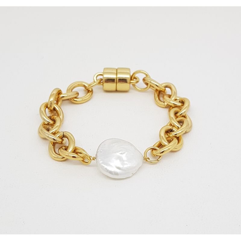 Pulseira Feminina de elos com fecho de imã e pérola barroca Dourado Banhado a Ouro 18k Elegante Presente Feminino
