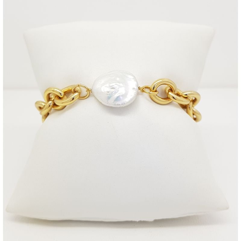 Pulseira Feminina de elos com fecho de imã e pérola barroca Dourado Banhado a Ouro 18k Elegante Presente Feminino Dourado 2