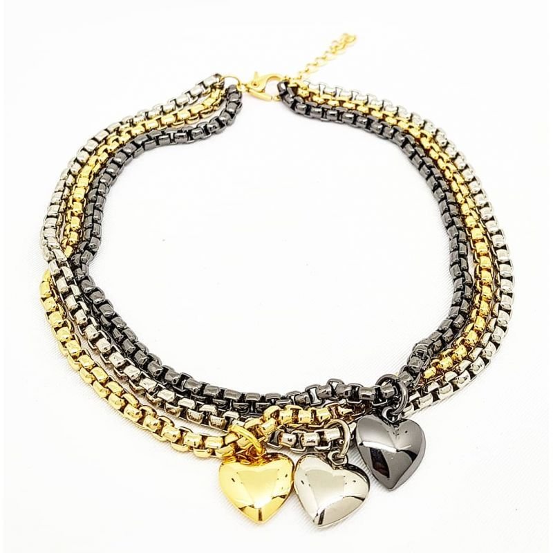 Colar Feminino dourado, prata e ródio negro com pingentes corações Dourado Banhado a Ouro 18k Elegante Presente Feminino