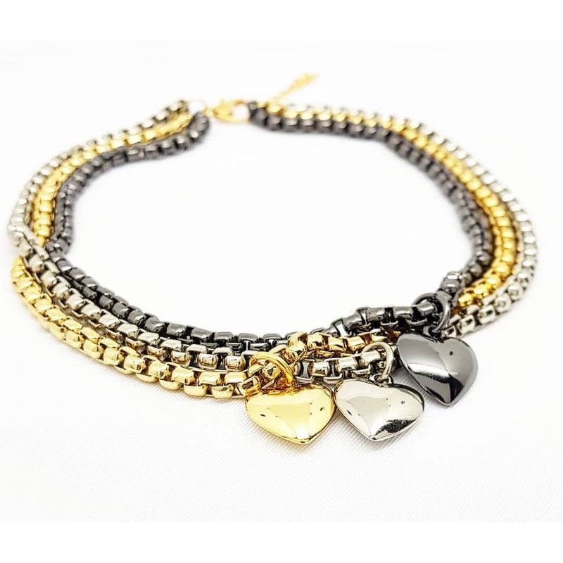 Colar Feminino dourado, prata e ródio negro com pingentes corações Dourado Banhado a Ouro 18k Elegante Presente Feminino Dourado/Prata/Preto 2