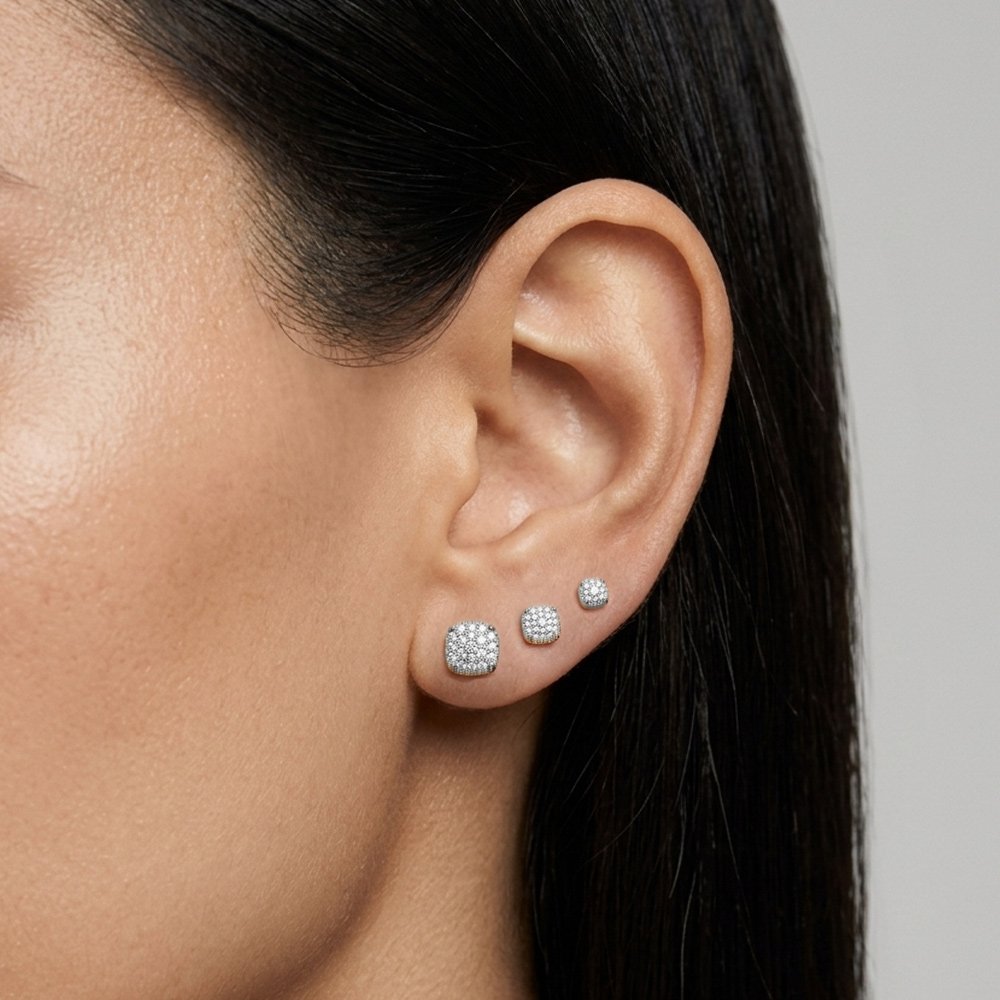 Kit de Brincos Quadradinhos em Banho Prata Prata 2