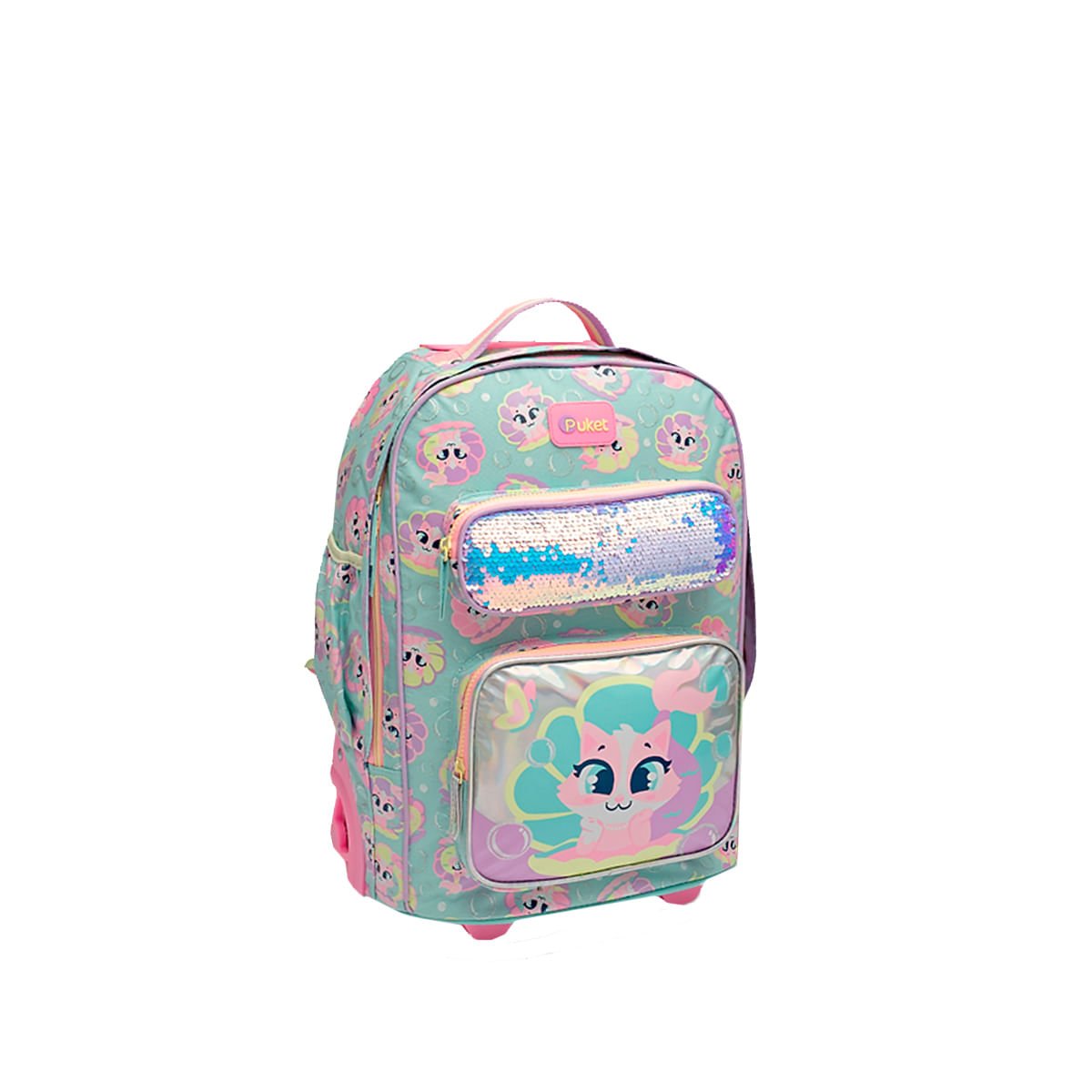 Mochila Puket com Rodinha Paetê Gata Sereia