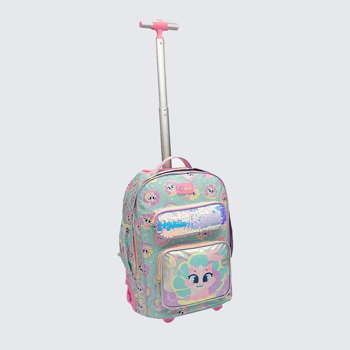 Mochila Puket com Rodinha Paetê Gata Sereia Verde 2