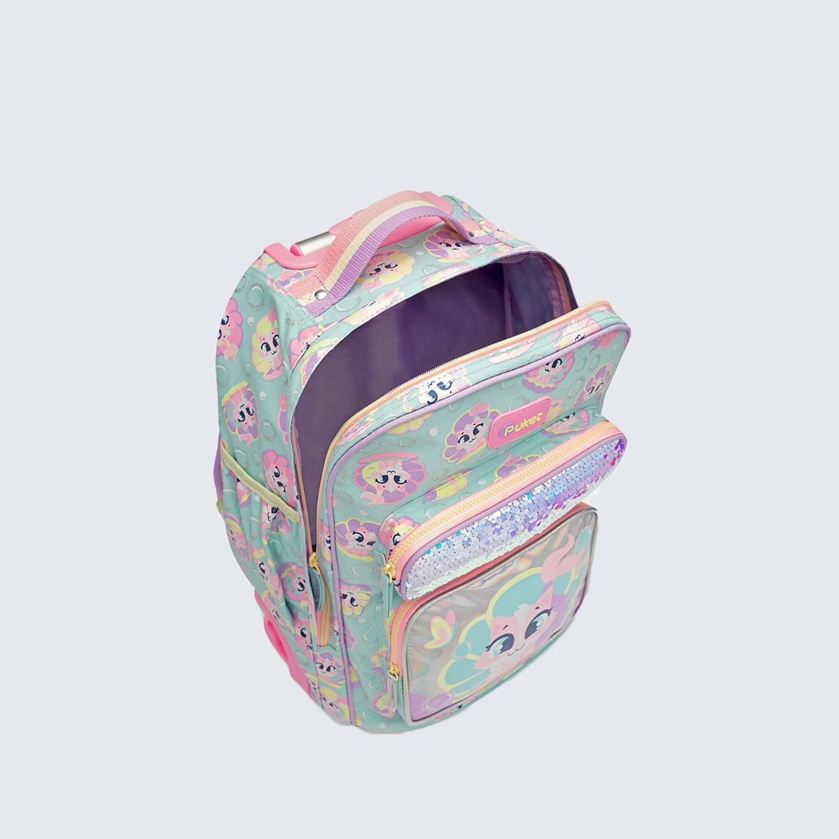 Mochila Puket com Rodinha Paetê Gata Sereia Verde 3