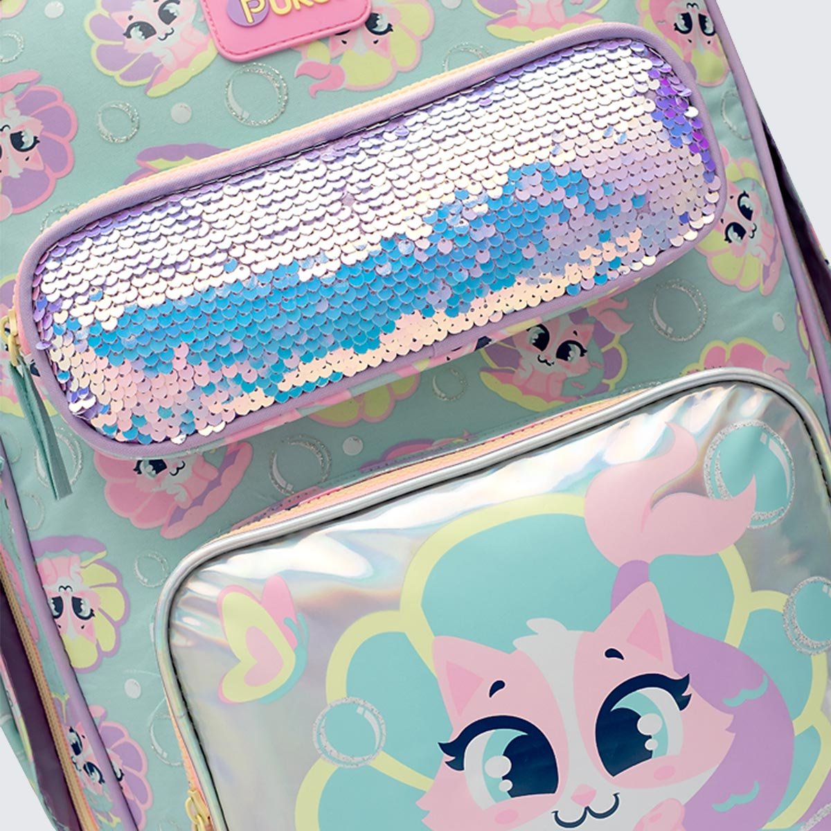 Mochila Puket com Rodinha Paetê Gata Sereia Verde 4