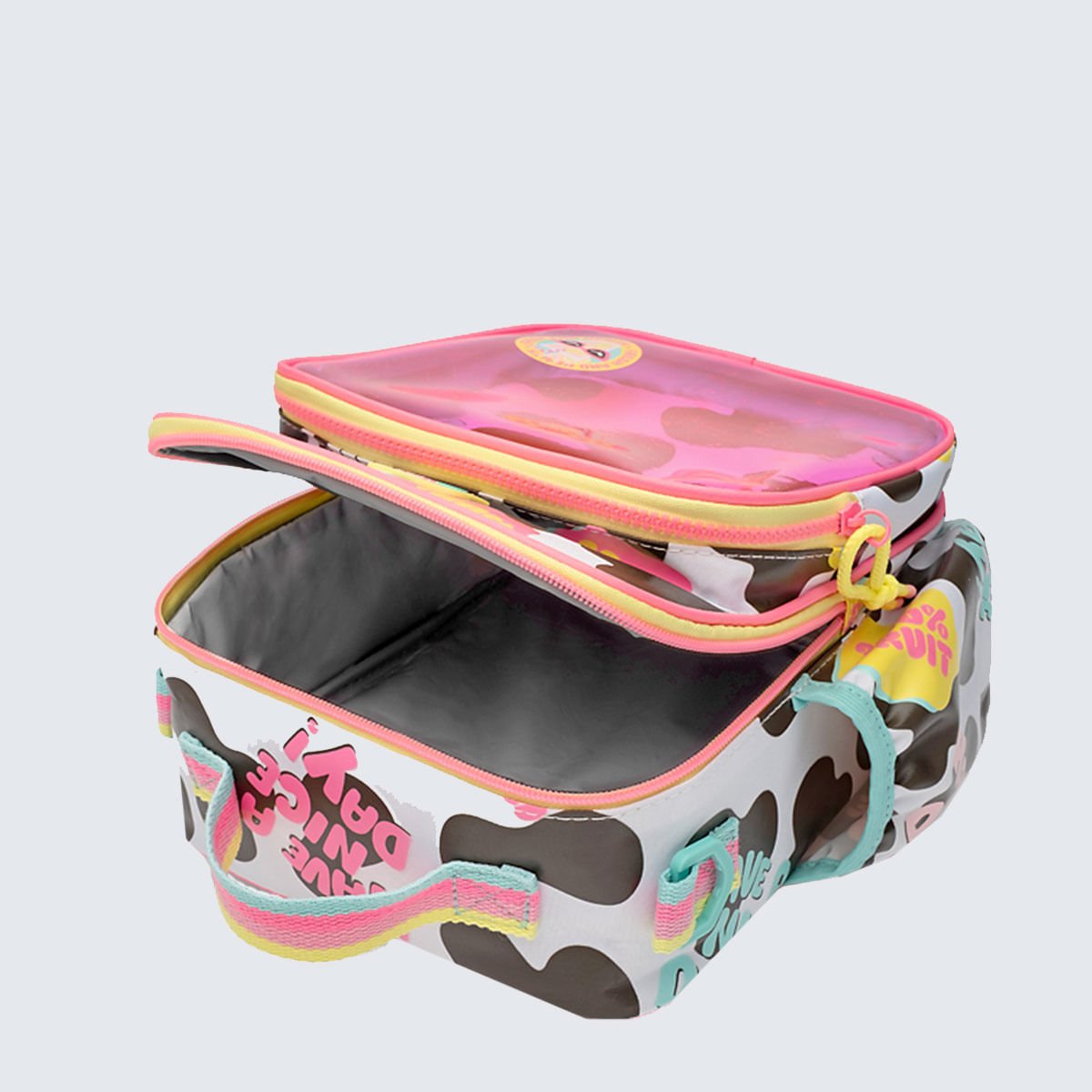 Lancheira Térmica Puket com Bolso Frontal Vaca Summer Branco/Preto 3