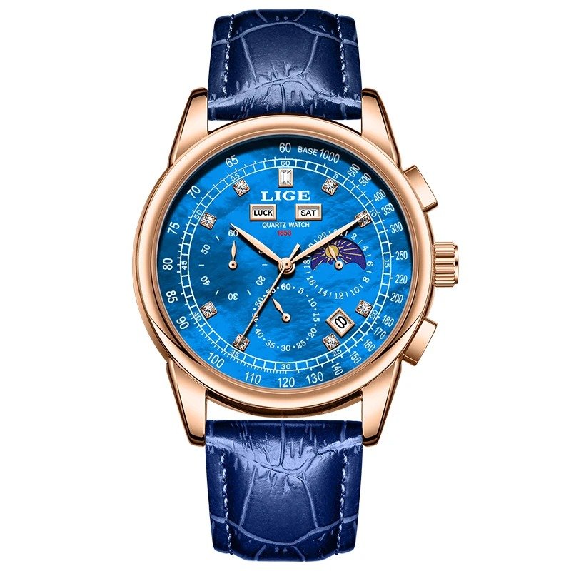 Relógio Masculino LIGE 89227 À Prova d´Água Pulseira de Couro Azul 1