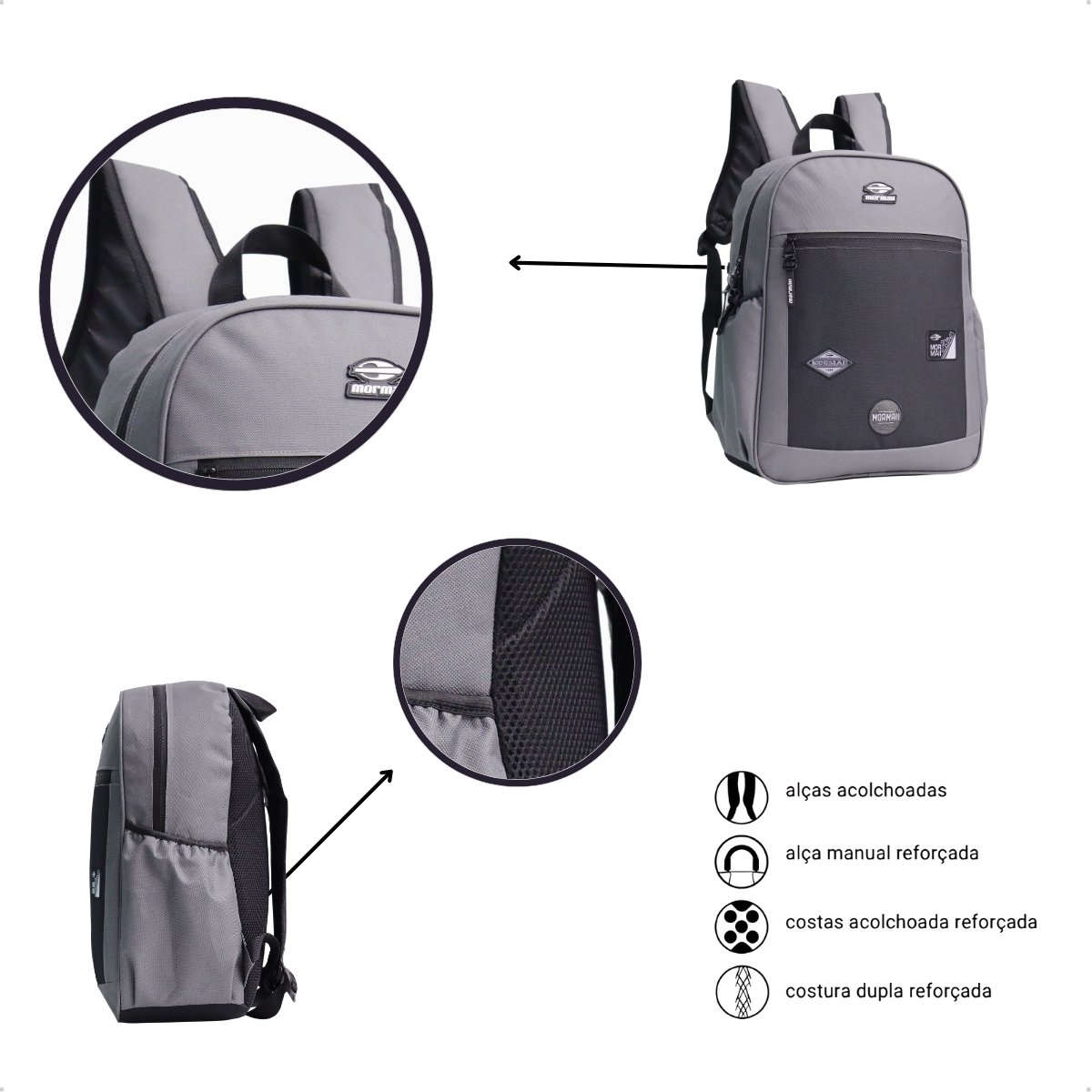 Mochila Mormaii Casual Bordada Compartimento Notebook 3 Bolsos 20 Litros Preto e Cinza Cinza 5