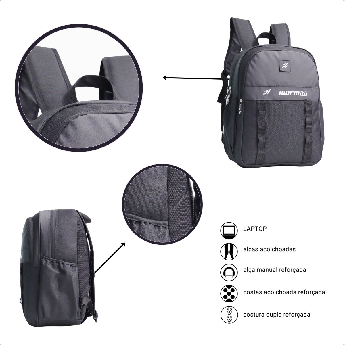 Mochila Mormaii Casual Compartimento notebook 3 bolsos 20 litros Preto Cinza 4