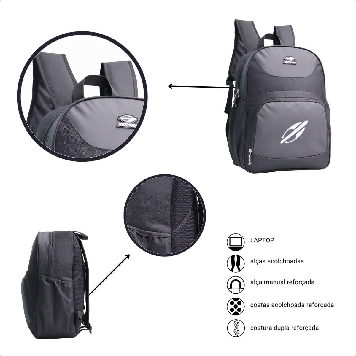 Mochila Mormaii Casual Compartimento notebook 3 bolsos 20 litros Preto Cinza/Branco 4