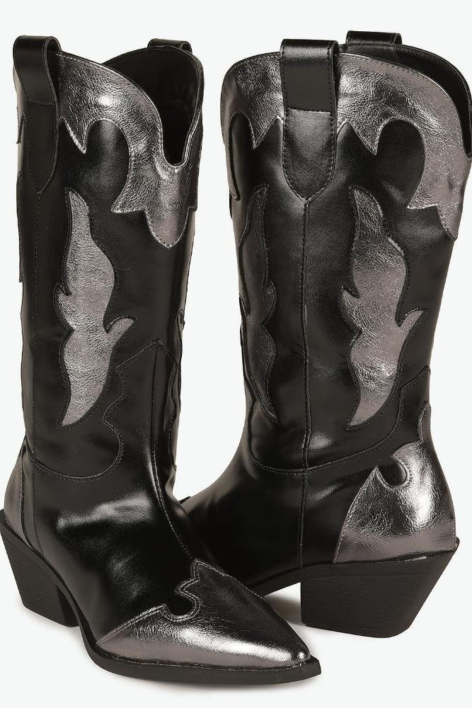 Bota Texana Feminina Cano Médio Mundial Lenice Preto/Prata 2