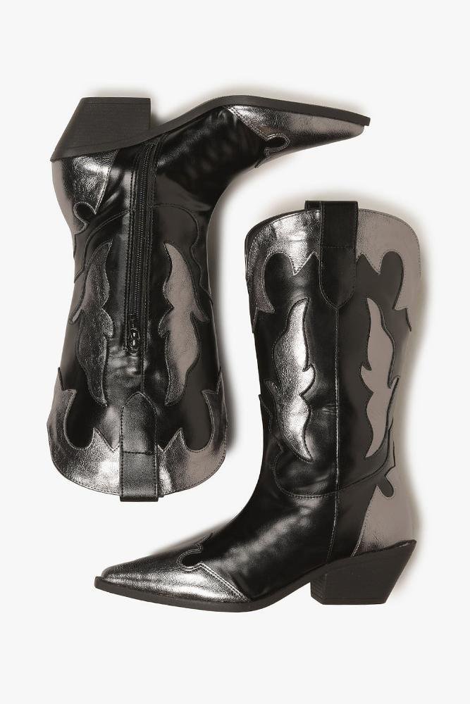 Bota Texana Feminina Cano Médio Mundial Lenice Preto/Prata 3