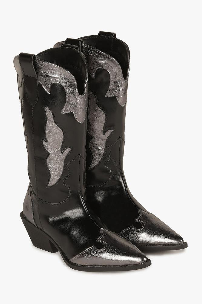 Bota Texana Feminina Cano Médio Mundial Lenice Preto/Prata 4