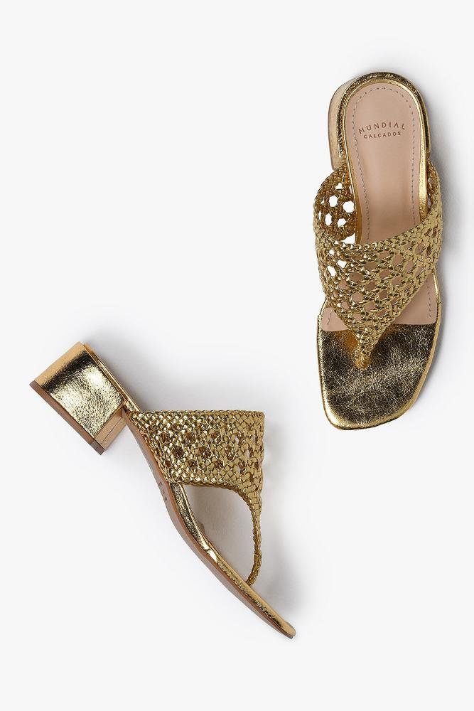 Tamanco Feminino Salto Alto Mundial Meadow Dourado 3