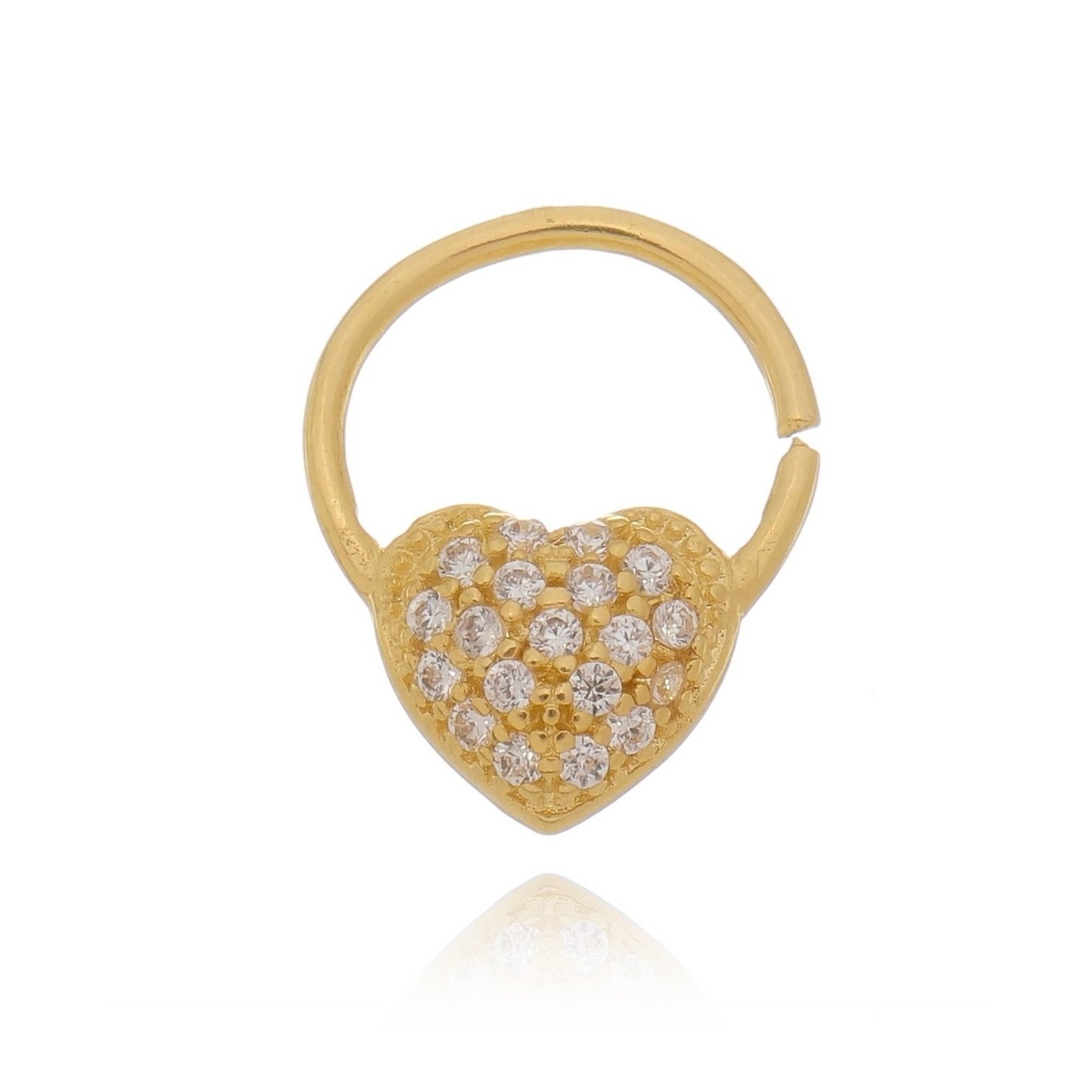 Piercing argola frente coração lateral cravejado Prata 925/ Banho de Ouro 18k
