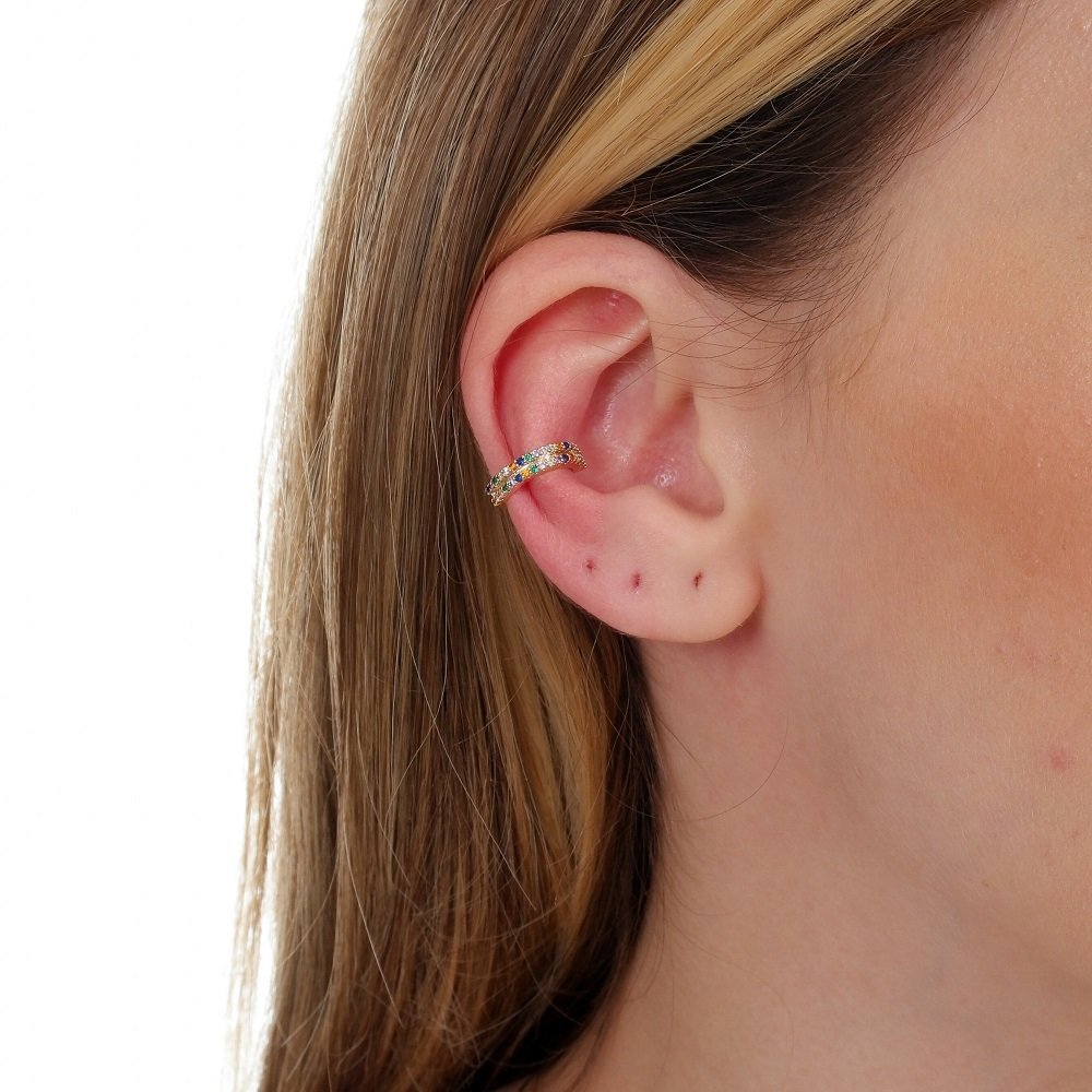 Piercing de pressão conch argola com pedras colorê - Semijoia alto padrão Dourado 2