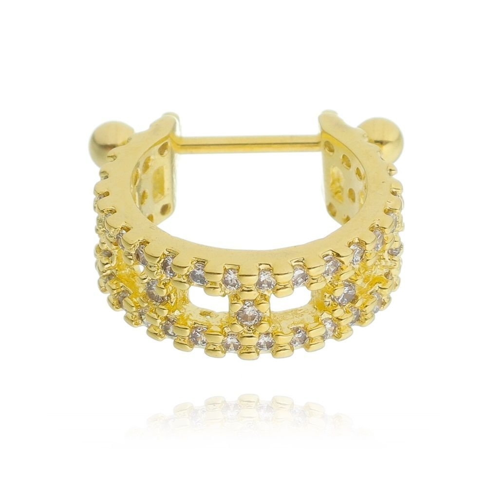 Piercing 2 em 1 argola triplamente cravejada com abertura - Aço cirúrgico/Semijoia