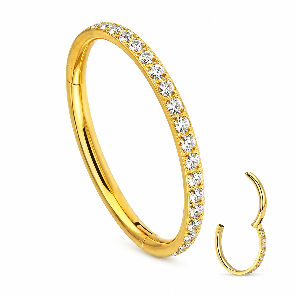 Piercing Argola Cravejada em Zircônias - Clicker Segmento - Titânio G23 / Ouro PVD Dourado 1