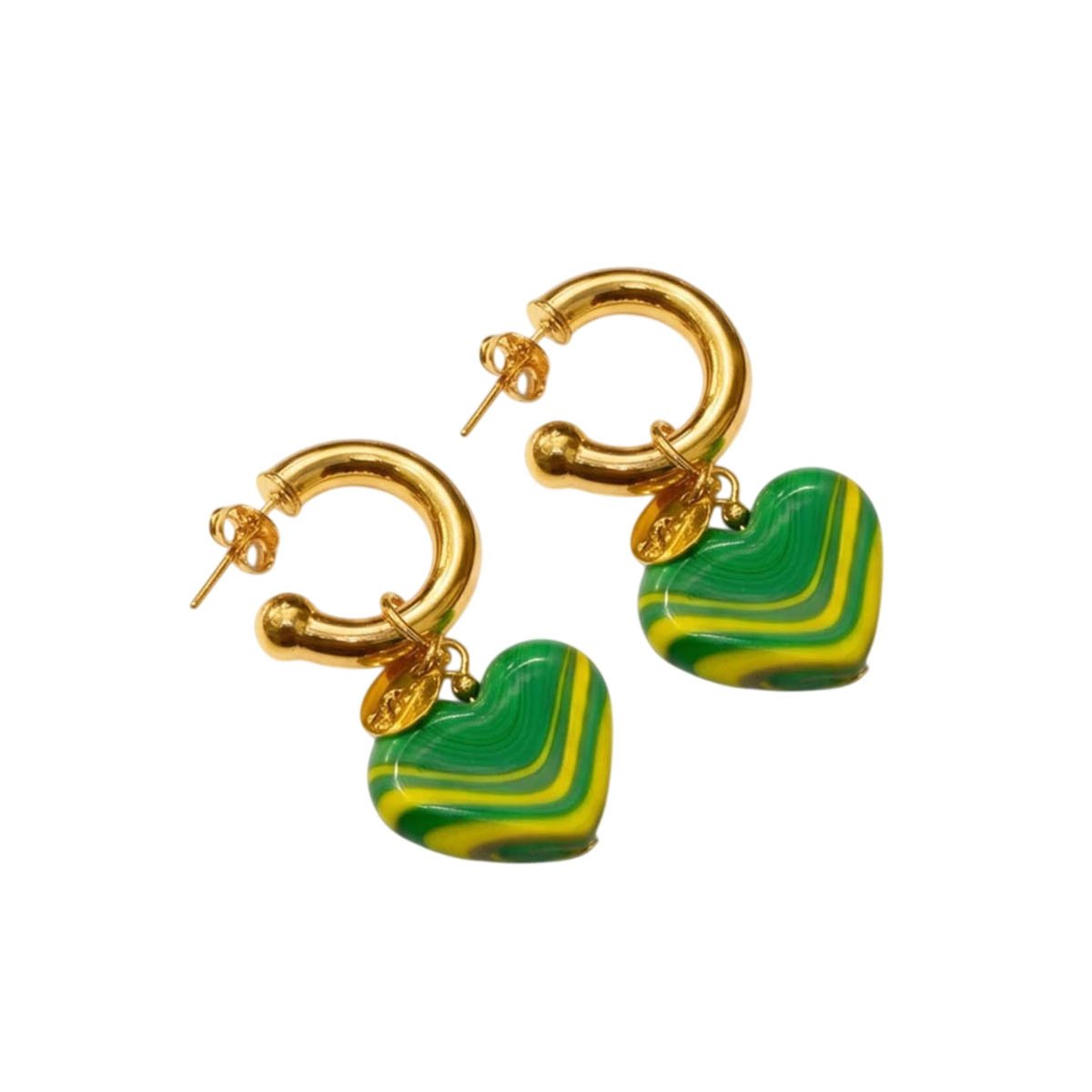 Brinco de Argola Dourado Coração Verde e Amarelo