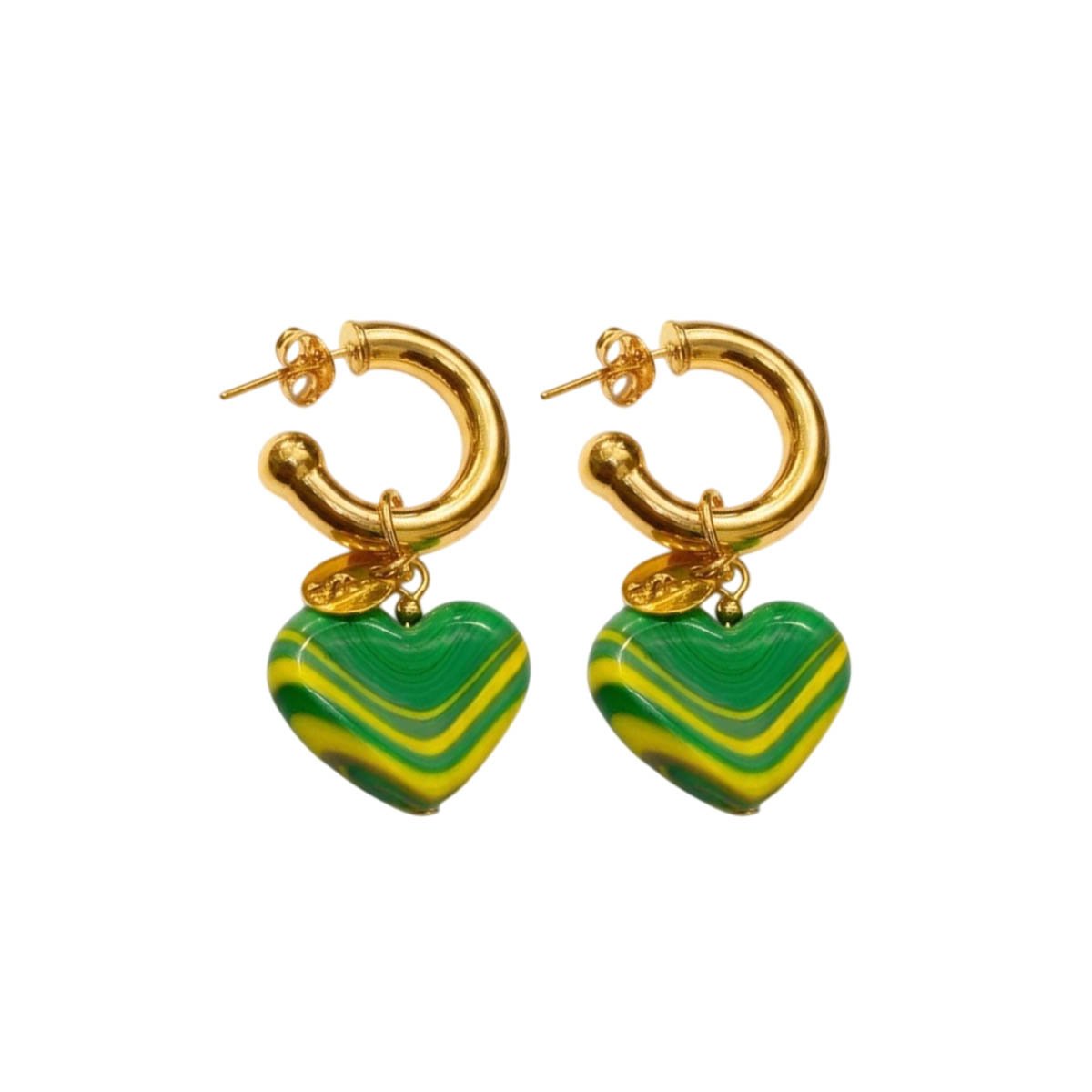 Brinco de Argola Dourado Coração Verde e Amarelo Verde/Amarelo 3