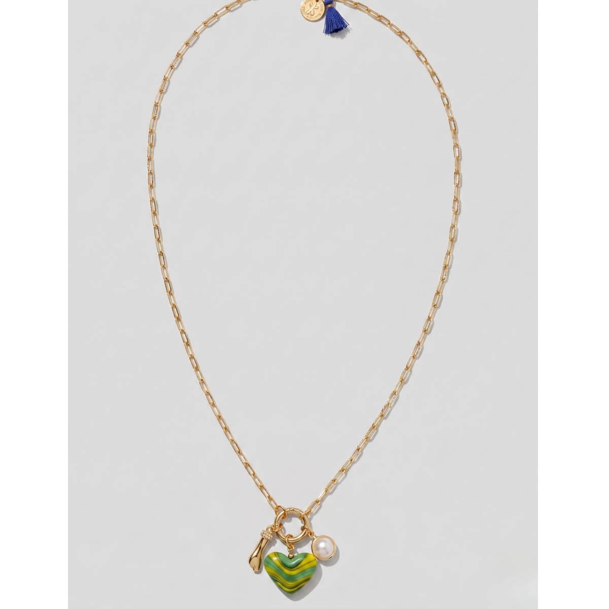 Colar Dourado Coração Verde com Pérola