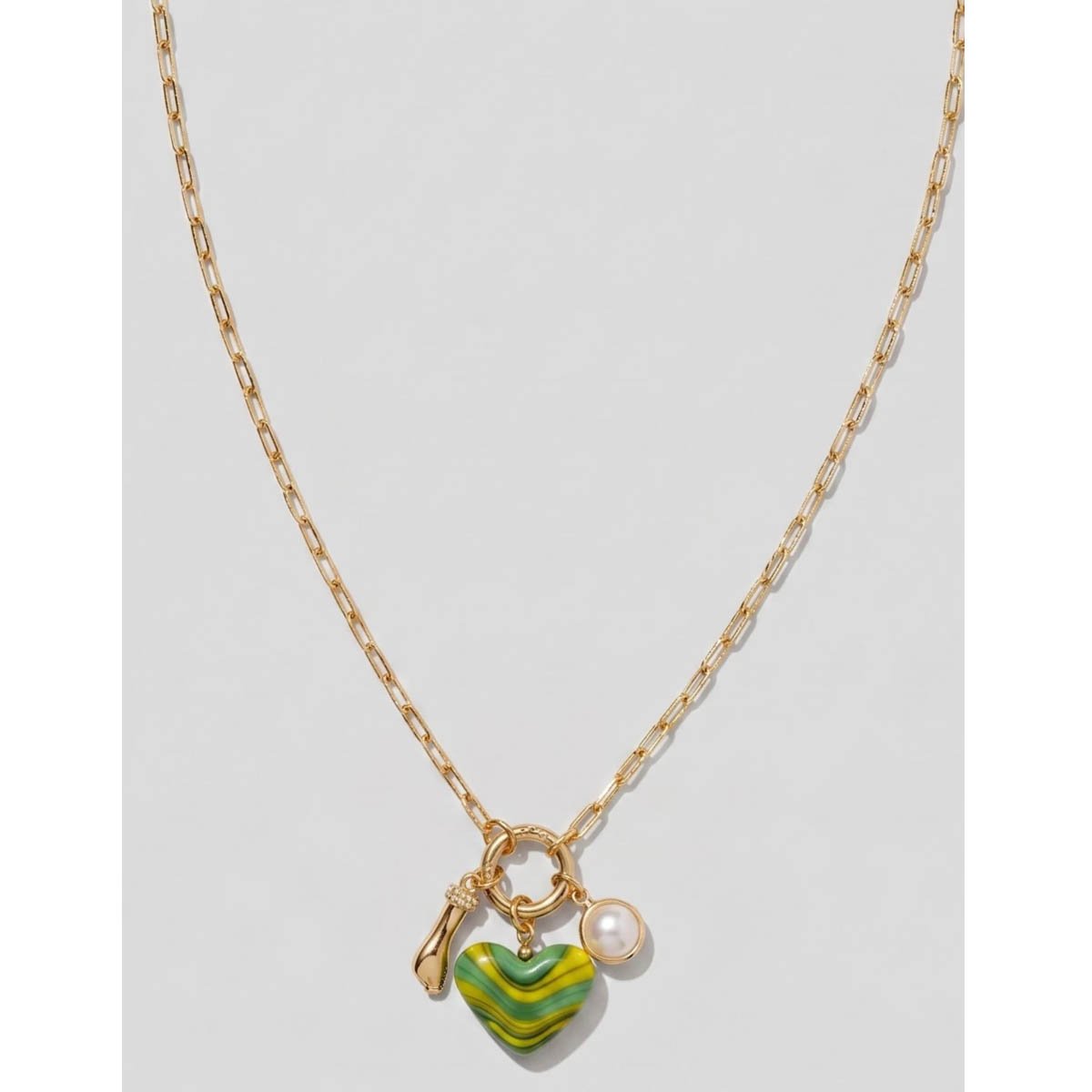Colar Dourado Coração Verde com Pérola Dourado 4