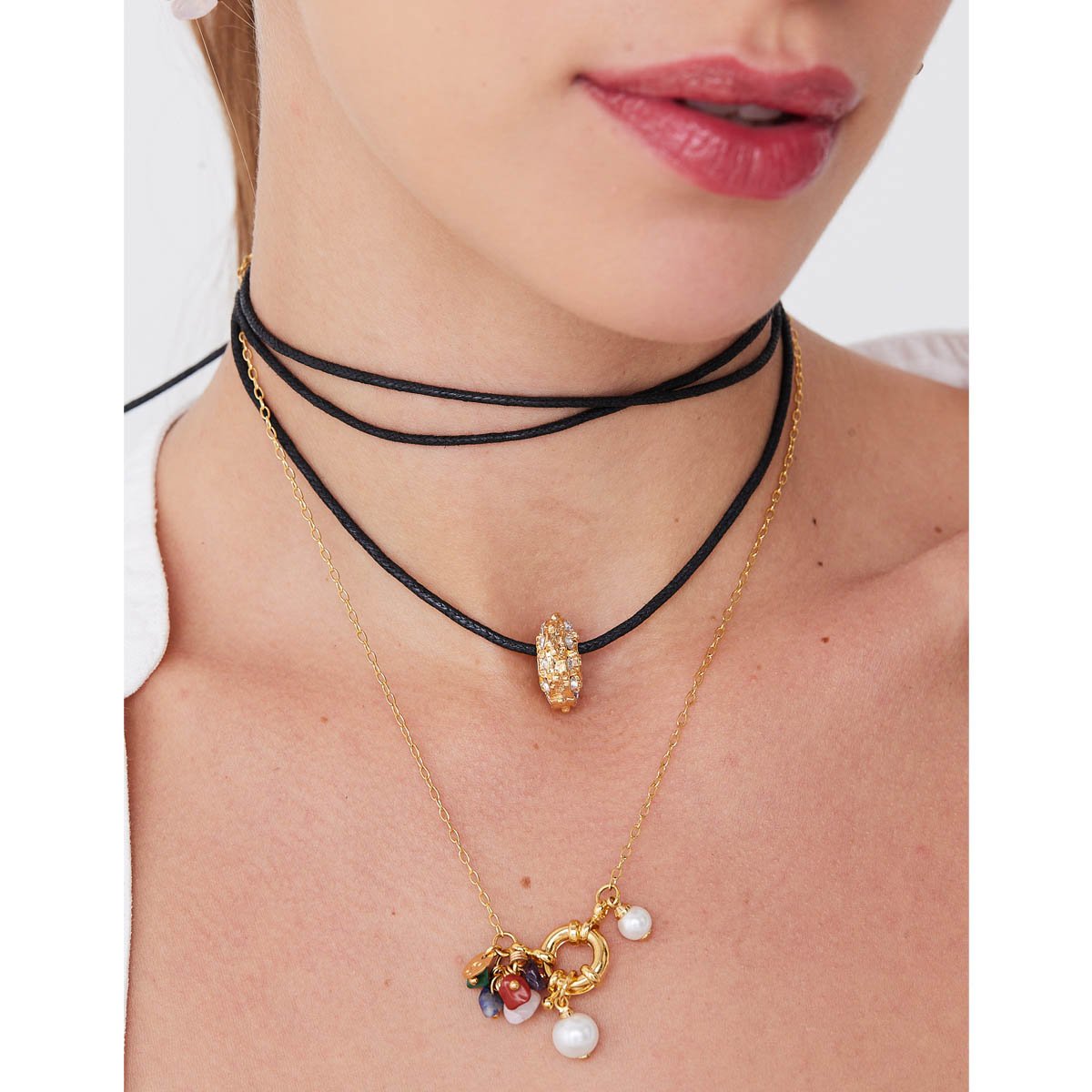 Colar Pérolas e Cascalhos De Pedra Dourado 2