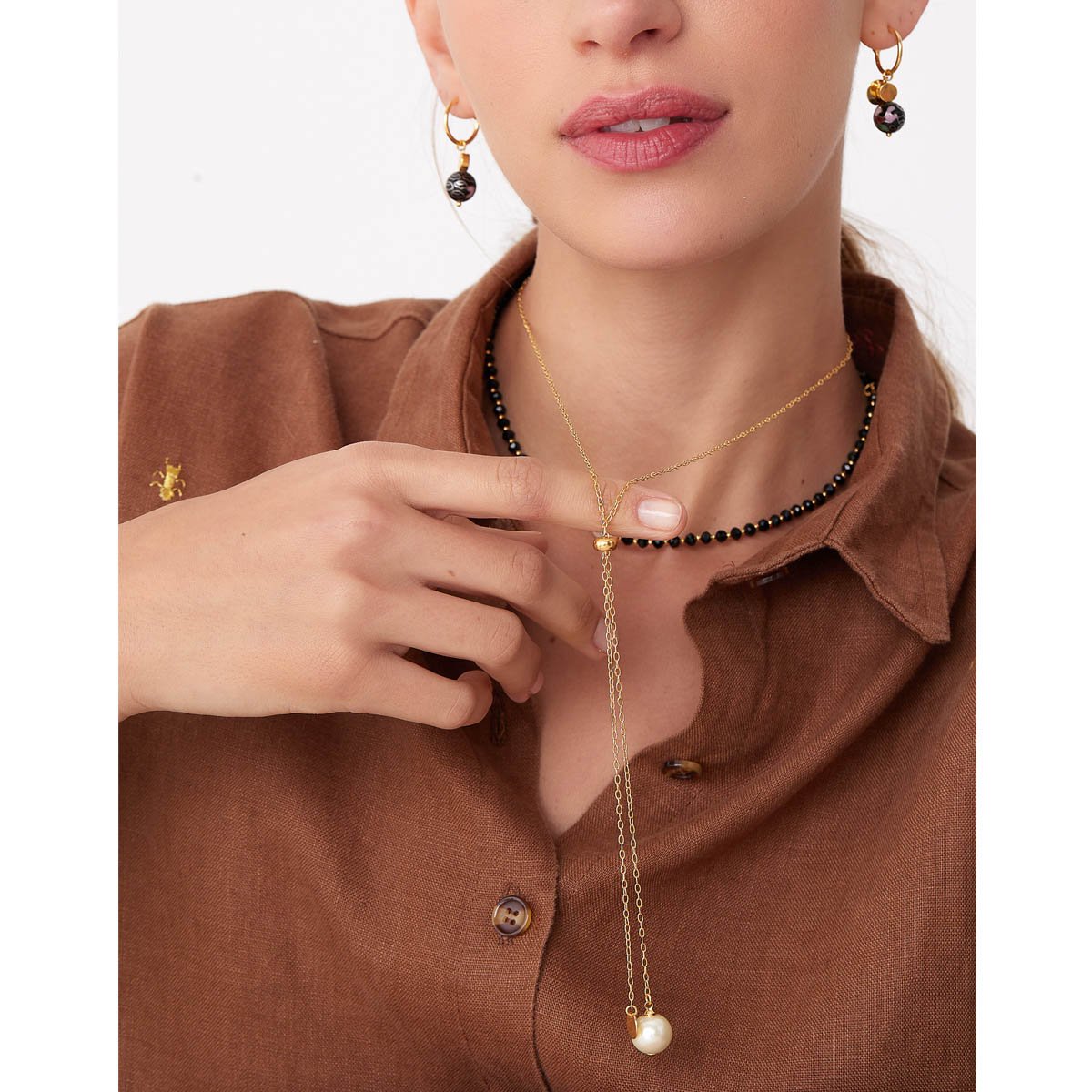 Colar Gravata Com Pérola Dourado 2