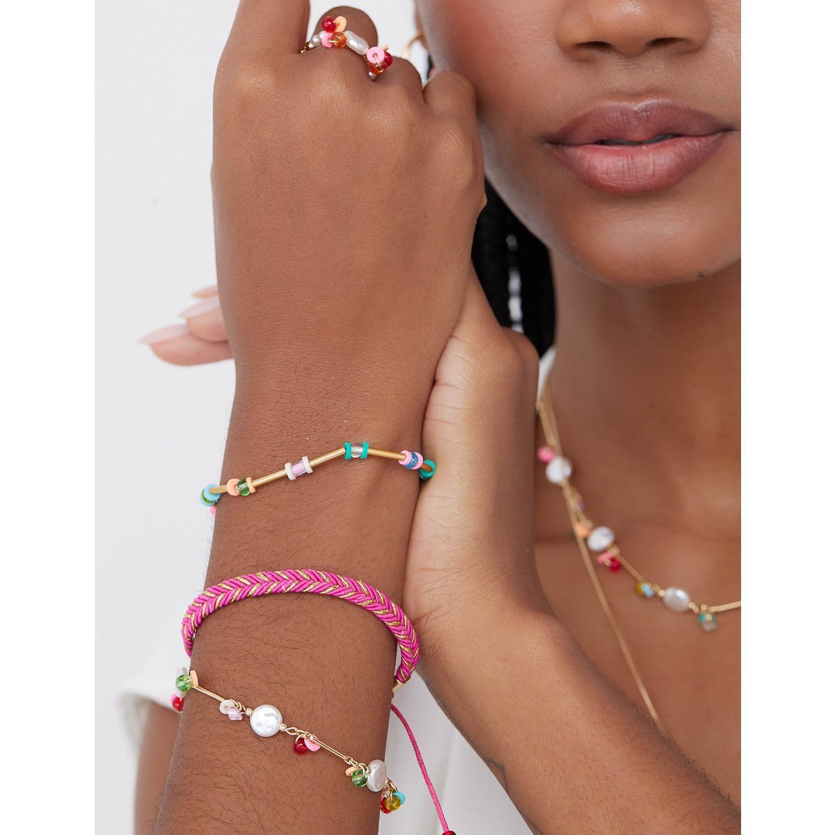 Pulseira Pérola + Vidros Coloridos Multicores 2