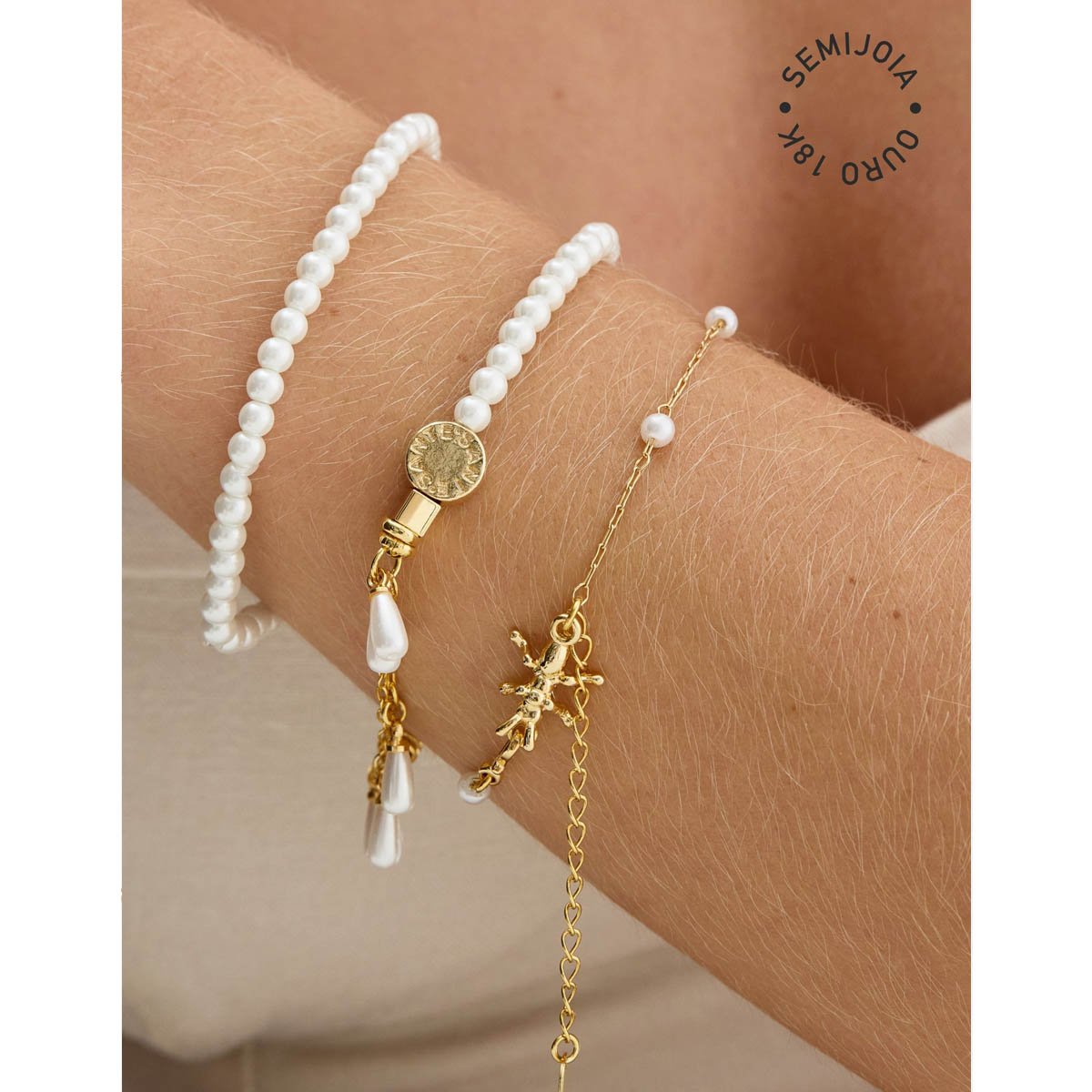 Kit com 3 Pulseiras Pérola e Formigas - Semijoia Dourado 2
