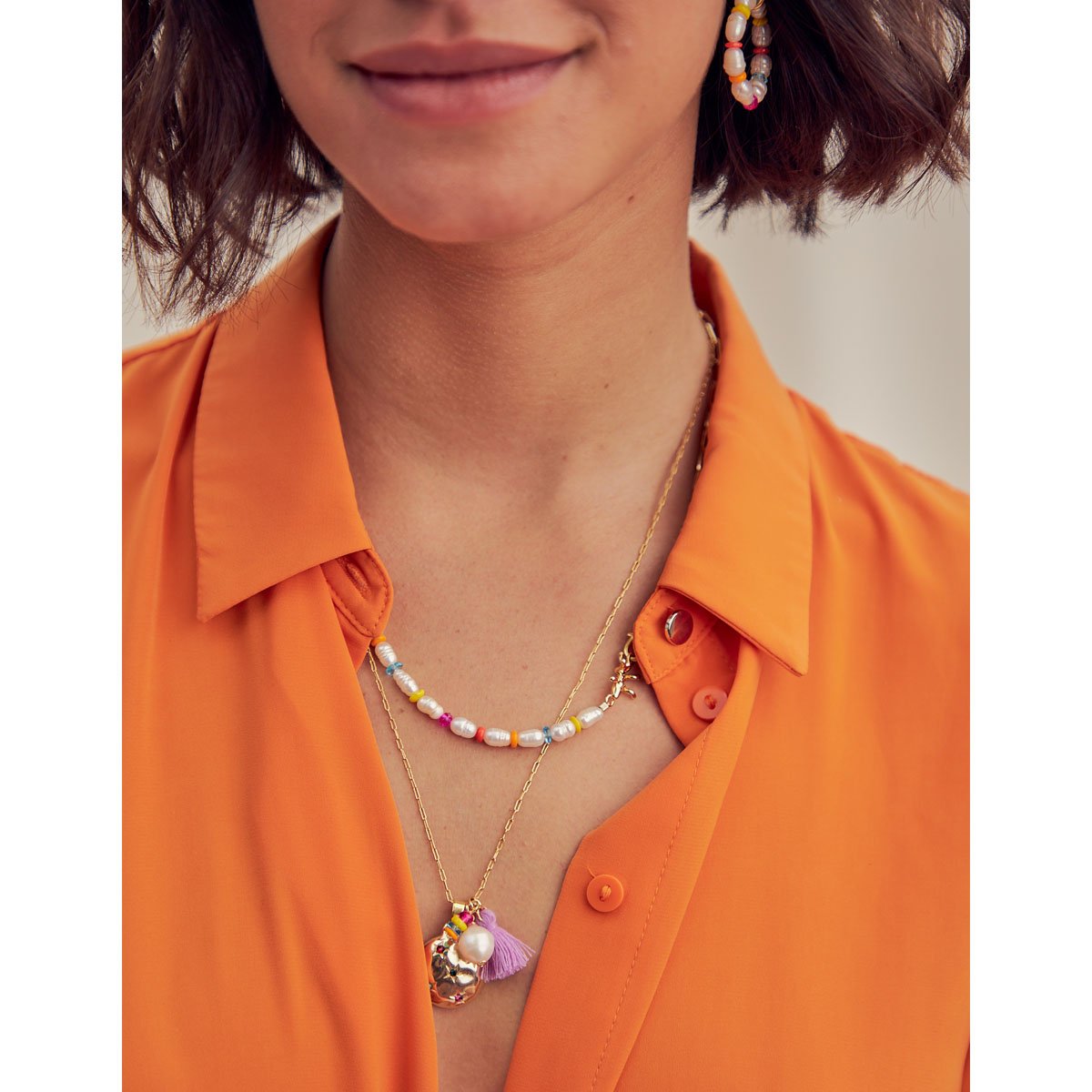 Colar Only Pearls Colorido Pingentes Dourado 2