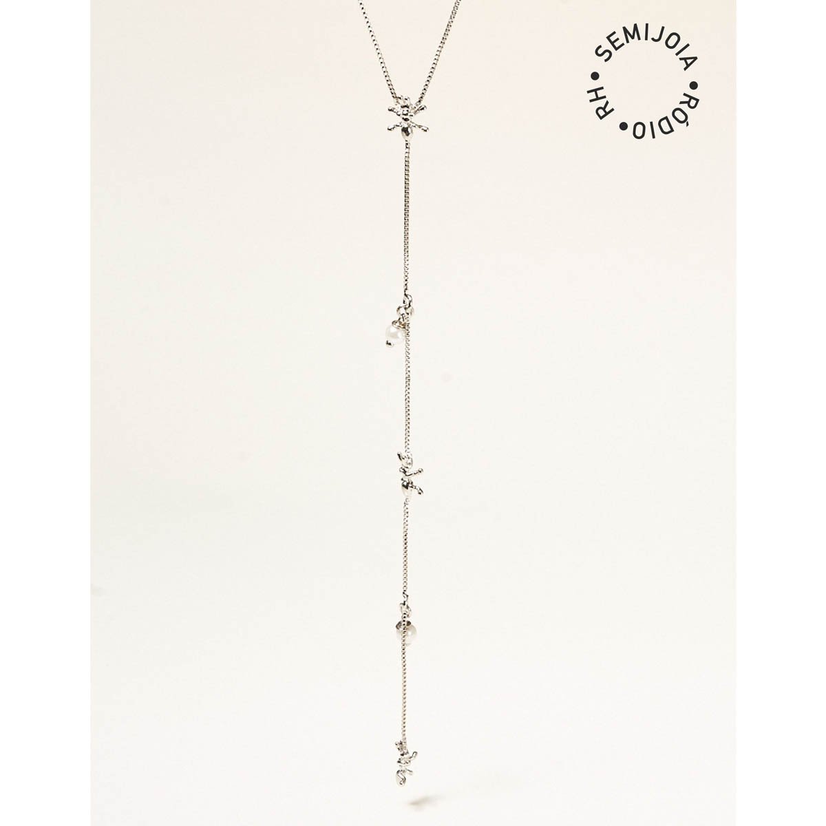Colar Gravata Mini Formigas com Pérolas Prateado - Semijoia