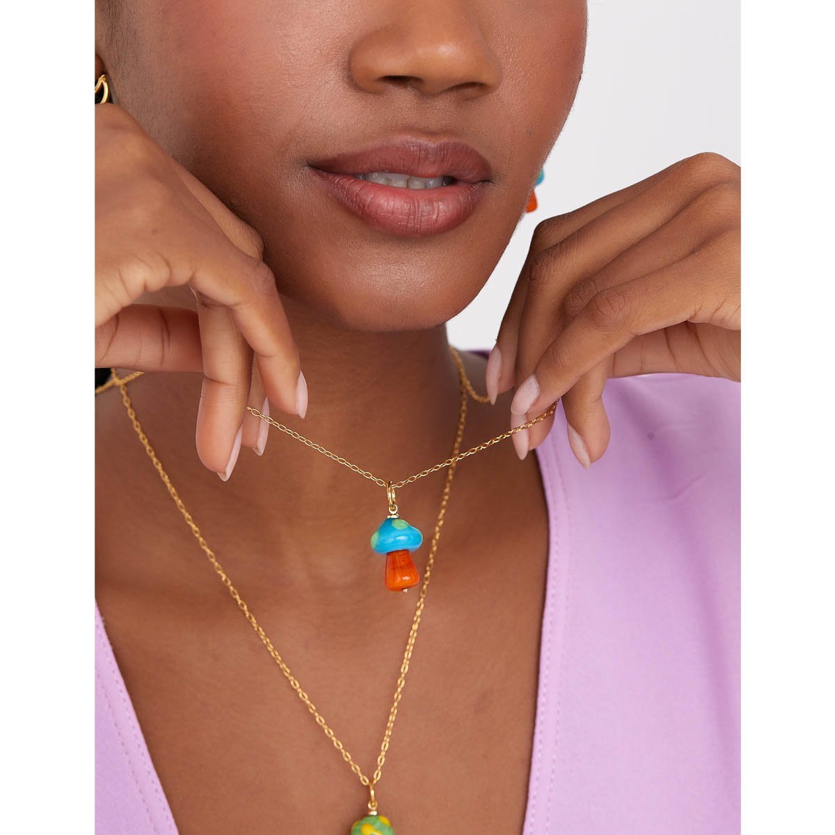 Colar Pingente Cogumelo Laranja Com Azul Dourado 2