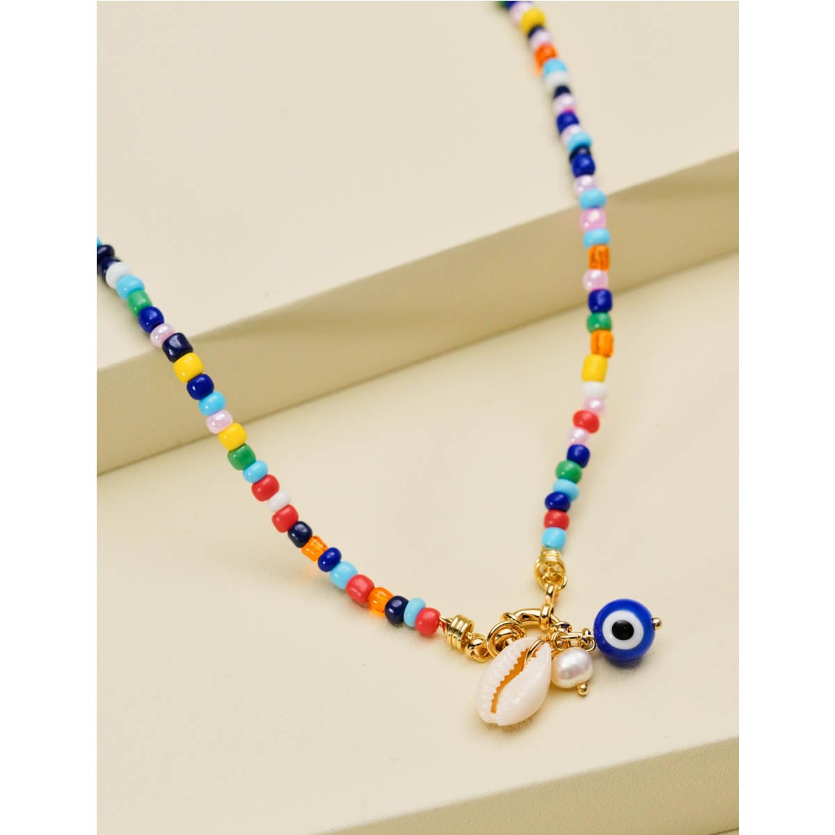 Colar Olho Grego Miçangas Coloridas com Banho Dourado