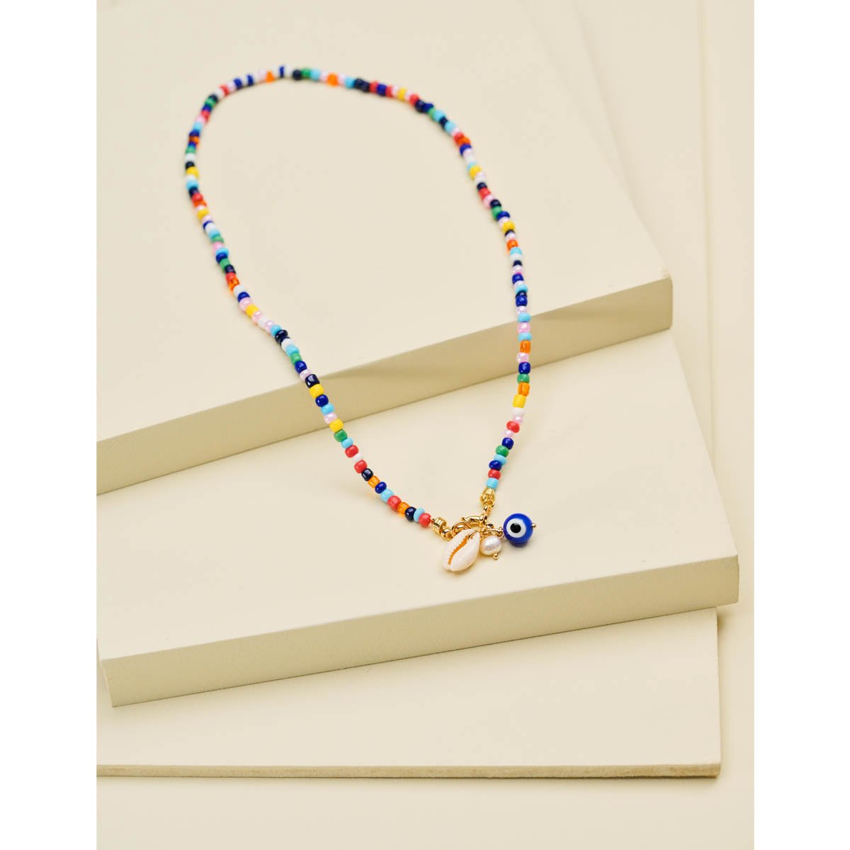 Colar Olho Grego Miçangas Coloridas com Banho Dourado Multicores 4