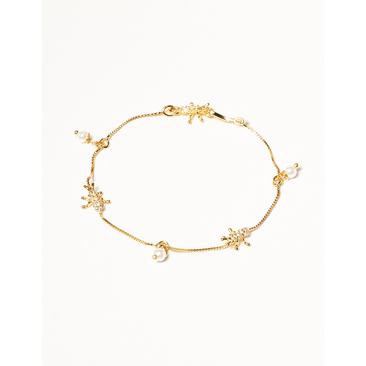 Pulseira Mini Formigas Cravejadas + Pérola Banhada a Ouro 18k - Semijoia