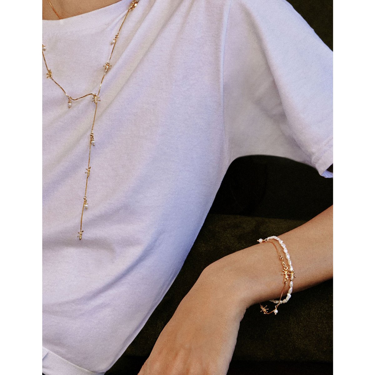 Pulseira Mini Formigas Cravejadas + Pérola Banhada a Ouro 18k - Semijoia Dourado 3