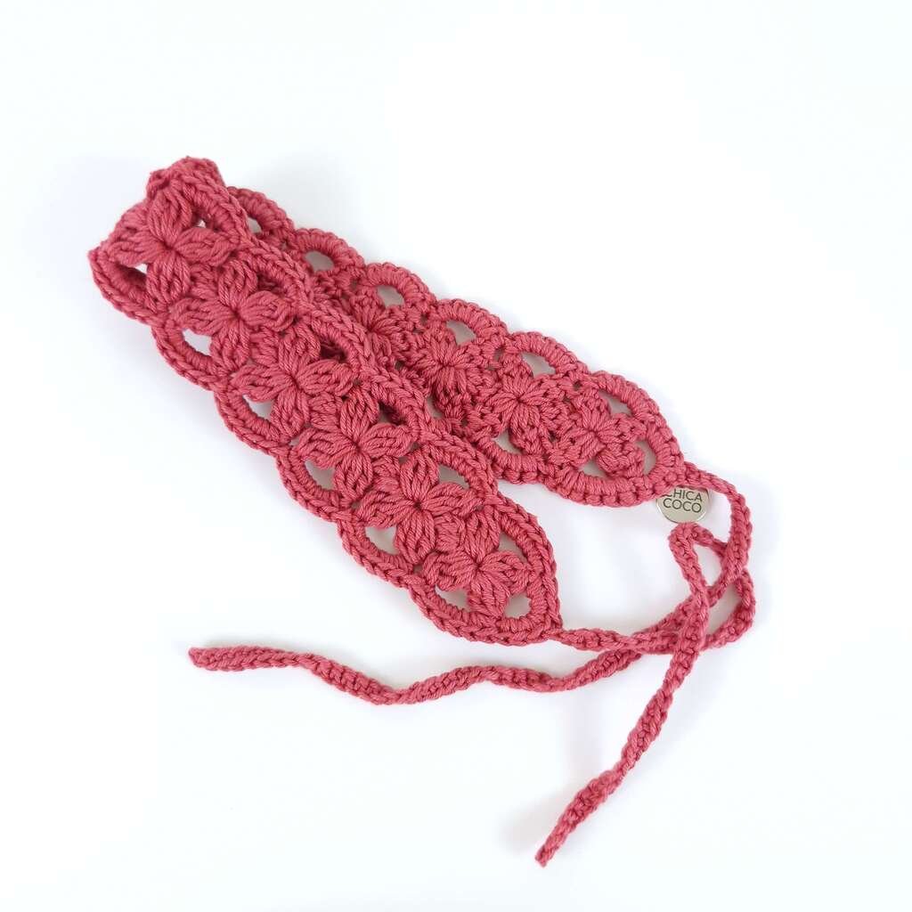 Faixa de Cabelo em Crochê Flor Azevinho Rosa 3