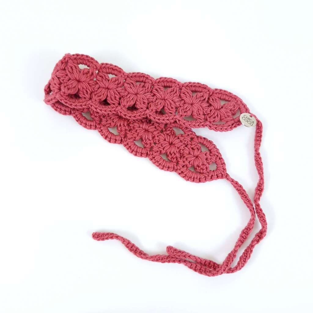 Faixa de Cabelo em Crochê Flor Azevinho Rosa 5