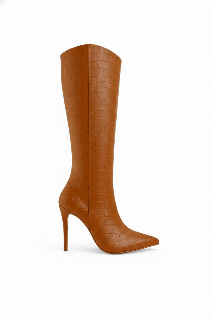 Bota Salto Alto Fino Queops Croco Caramelo
