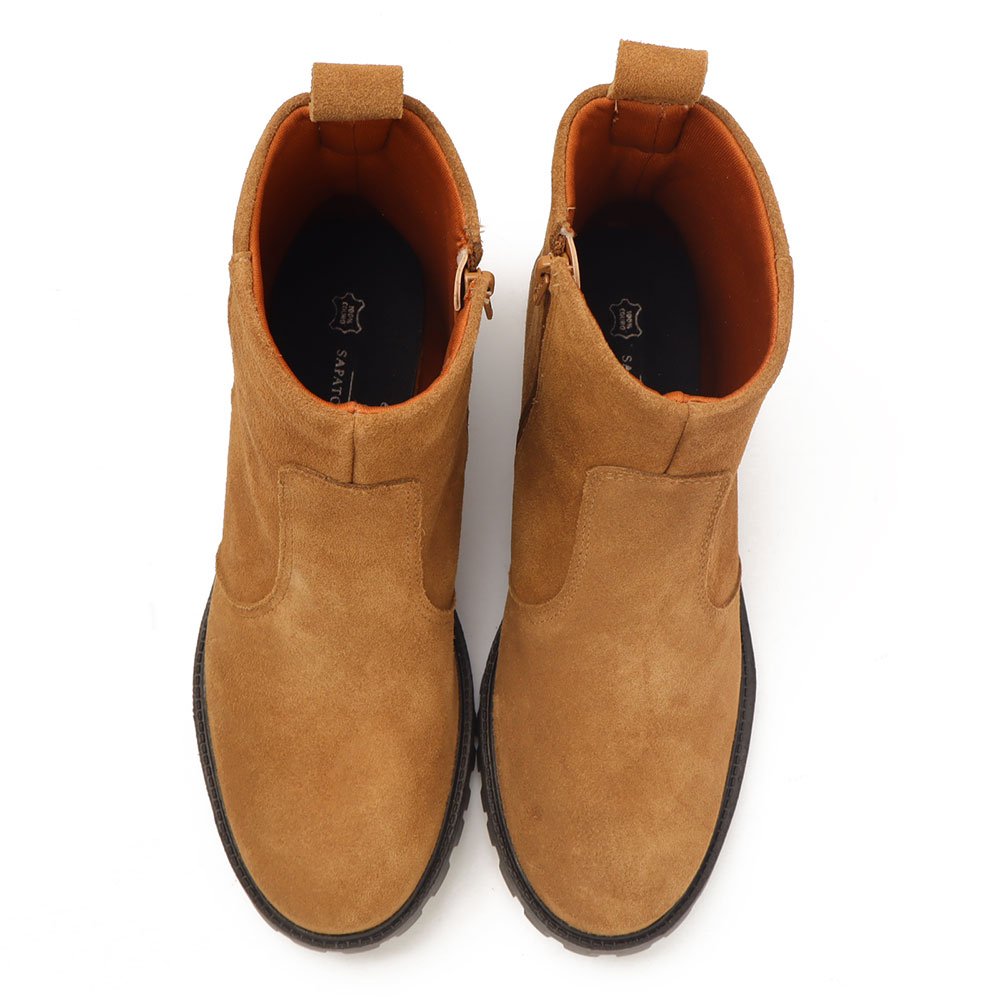 Bota Feminina Sapato Da Corte Salto Baixo Tratorado Couro-Produto 01 Caramelo 5