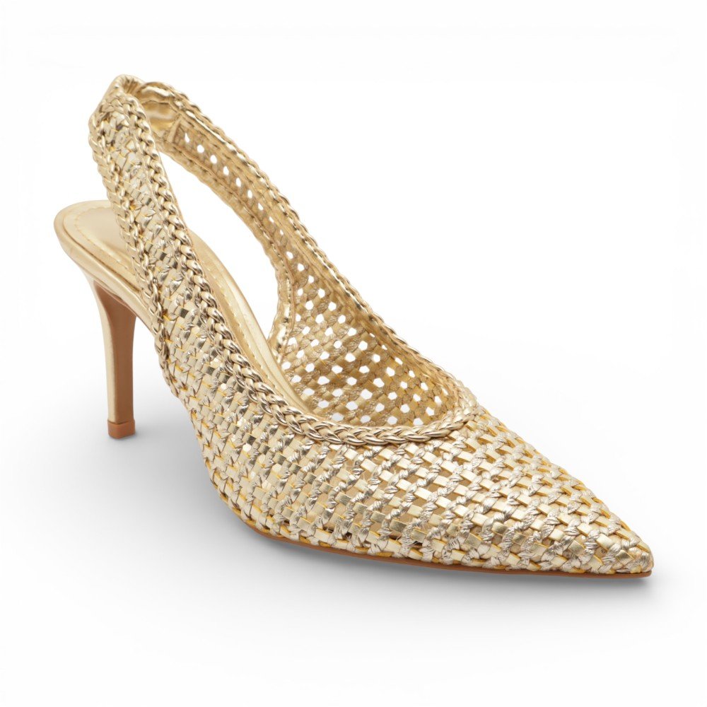 Scarpin Belluno Slingback Salto Alto Fino Vazado Tressê Ouro 2