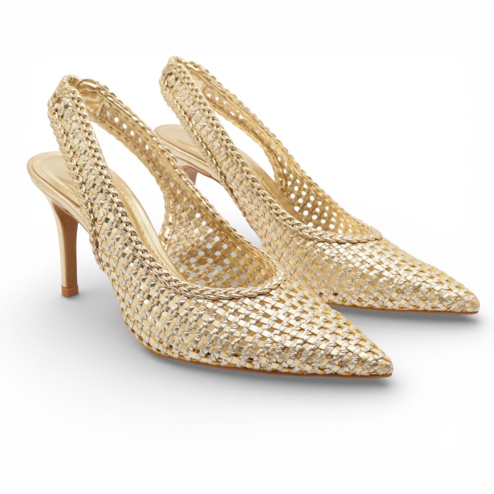 Scarpin Belluno Slingback Salto Alto Fino Vazado Tressê Ouro 3
