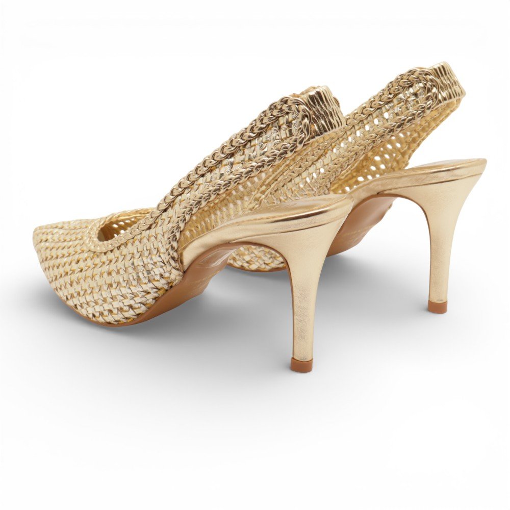 Scarpin Belluno Slingback Salto Alto Fino Vazado Tressê Ouro 4